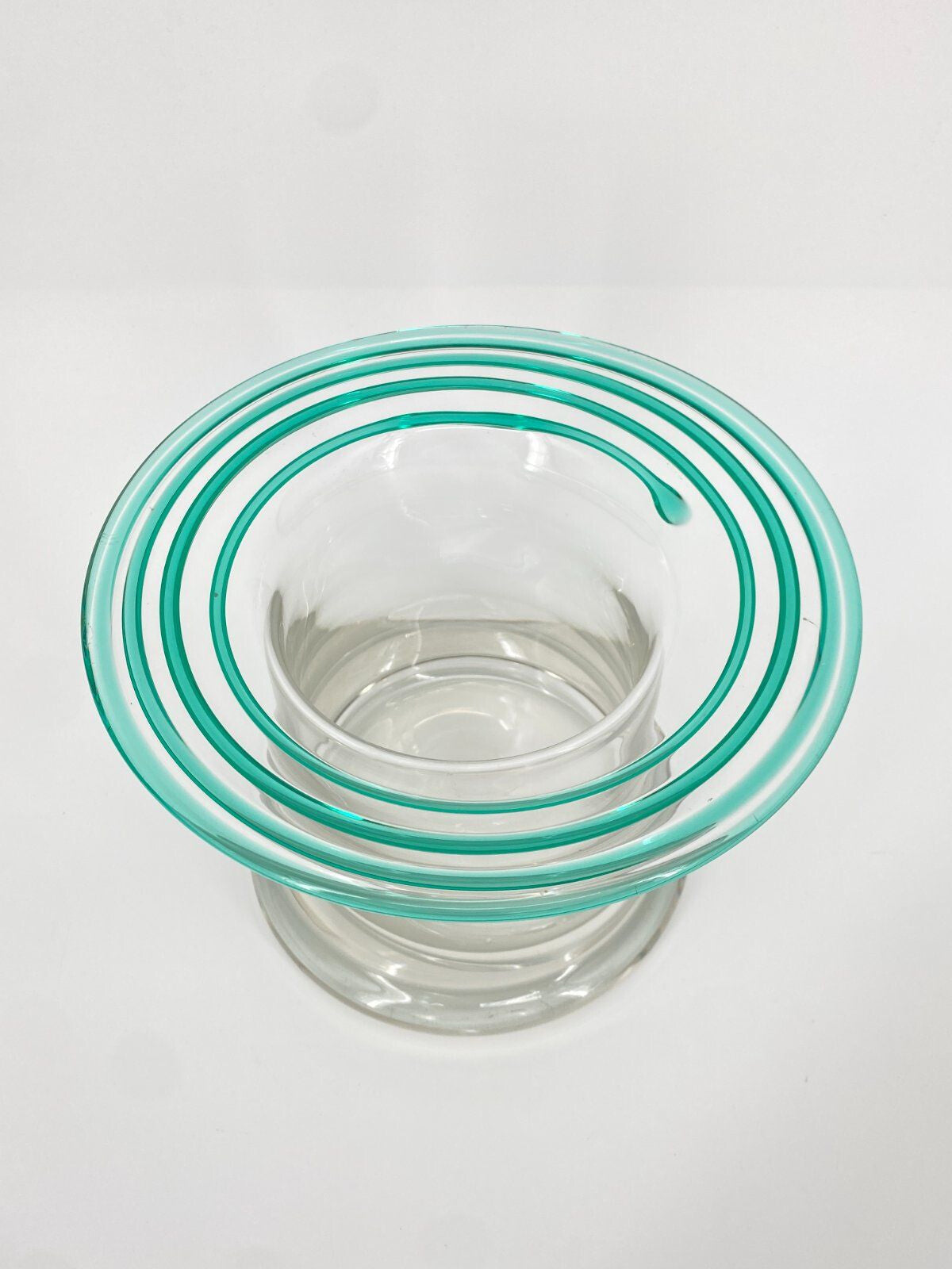 * SEKTKÜHLER VASE SCHALE GLAS HANDGEMACHT SPIRALE TÜRKIS ZYLINDER VINTAGE MUND