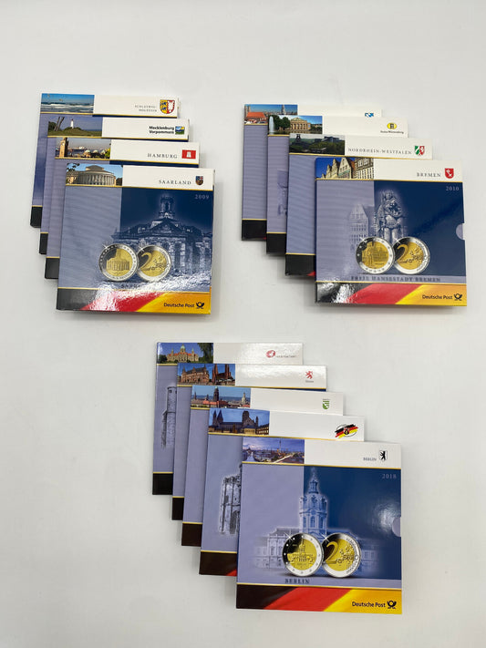 * 2 EURO MÜNZEN GEDENKSET 13 BUNDESLÄNDER MÜNZE BRIEFMARKEN 2006 - 2018