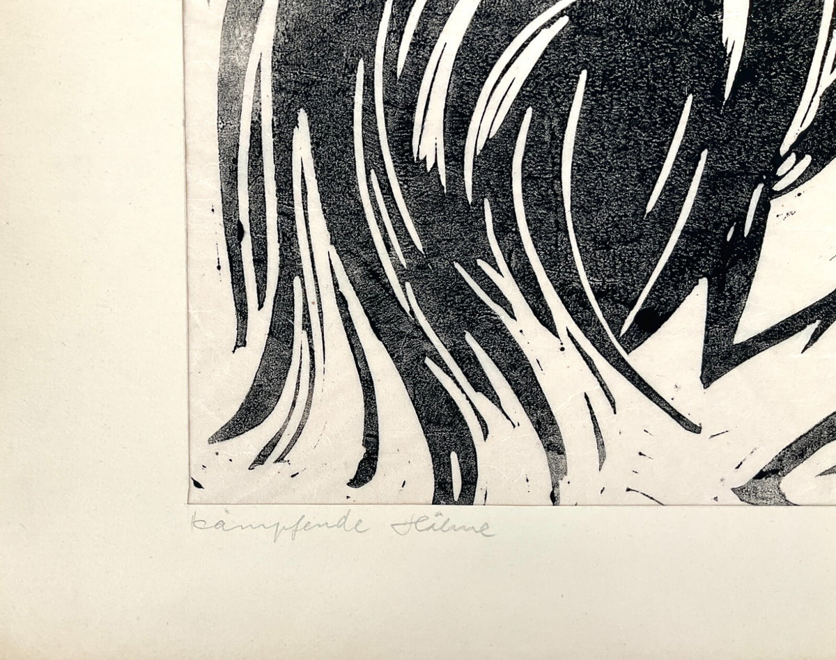 *LINOLSCHNITT WALTER KALOT KÄMPFENDE HÄHNE 1956 ORIGINAL EXPRESSIONISMUS TIERE