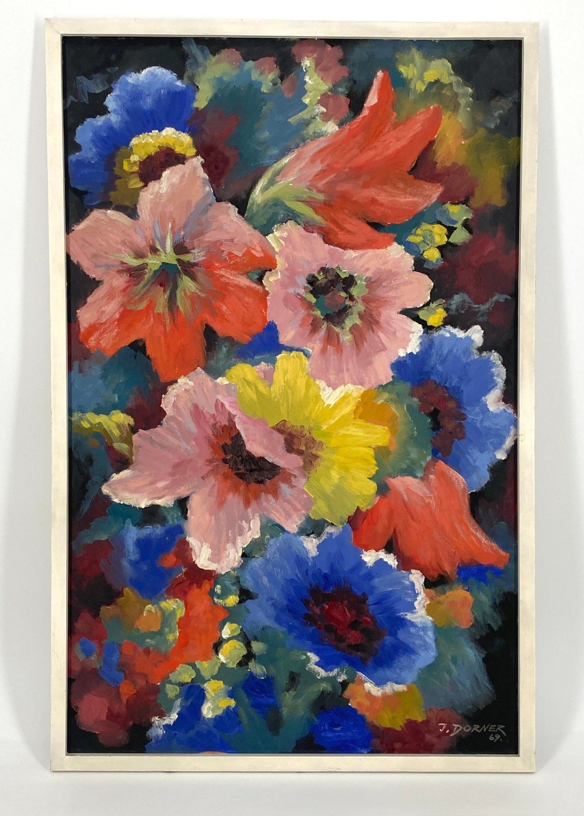 *ÖLGEMÄLDE JOSEF DORNER BLUMEN MALVEN BLÜTEN 1969 STUTTGART SIGN