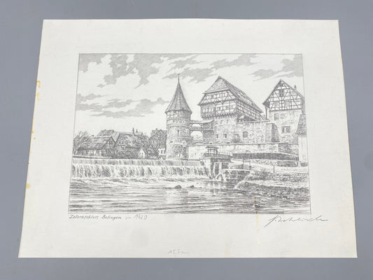 DEUTSCHER KÜNSTLER HEINZ WEHLISCH ZEICHNUNG ZOLLERNSCHLOSS BALINGEN UM 1920