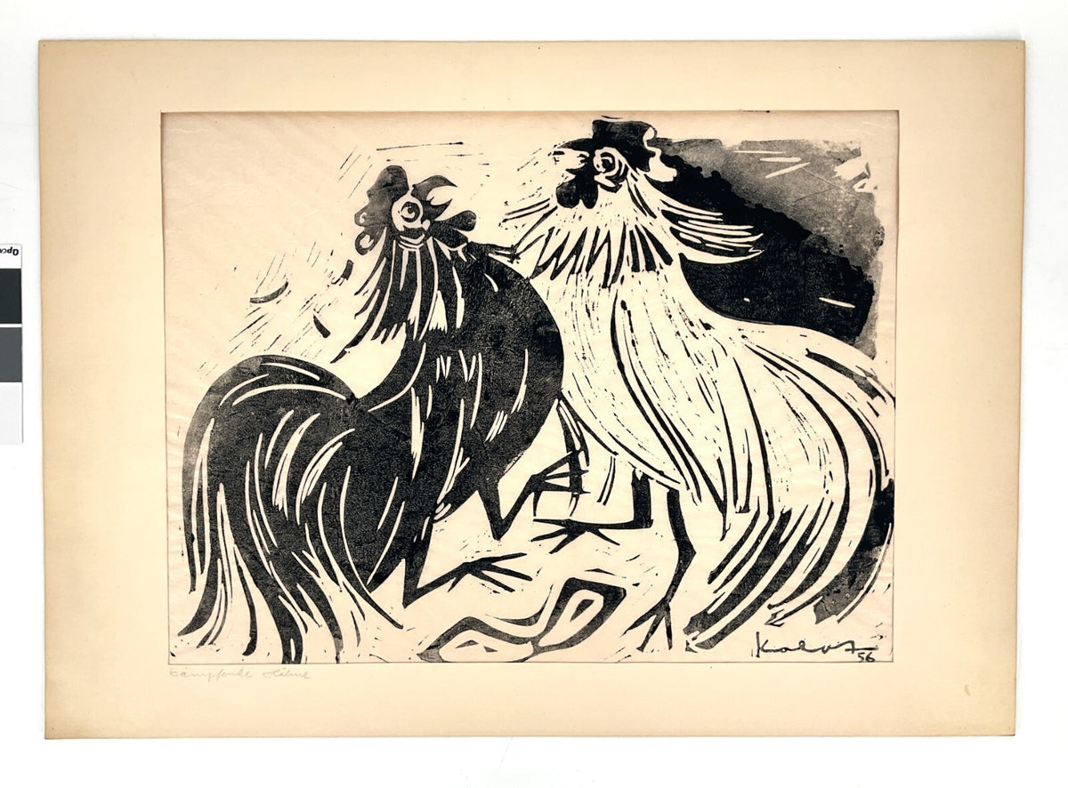 *LINOLSCHNITT WALTER KALOT KÄMPFENDE HÄHNE 1956 ORIGINAL EXPRESSIONISMUS TIERE