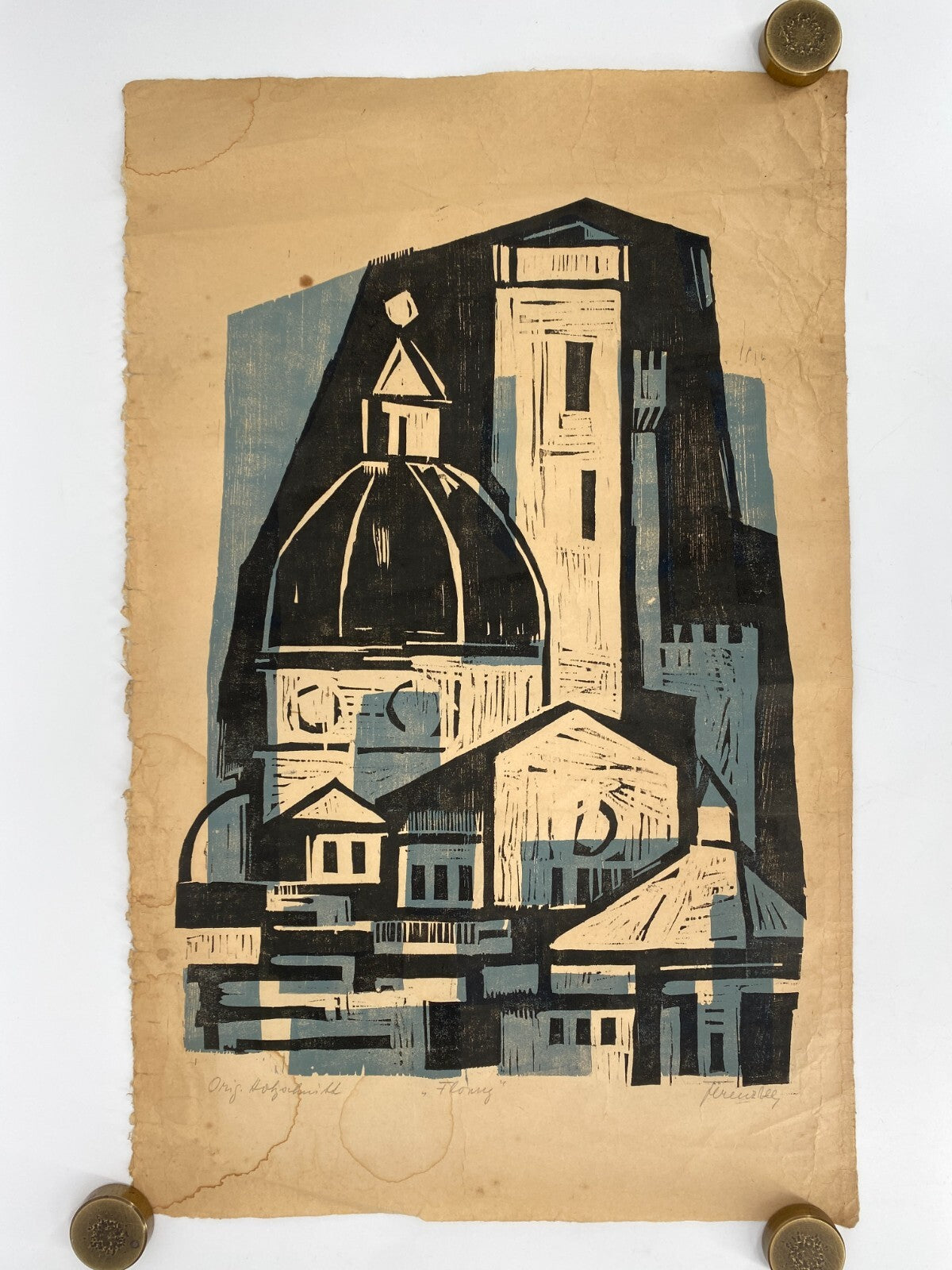 *HOLZSCHNITT ALBERT FERENZ FLORENZ HANDSIGNIERT 60ER ORIGINAL ITALIEN MID-CENTUR