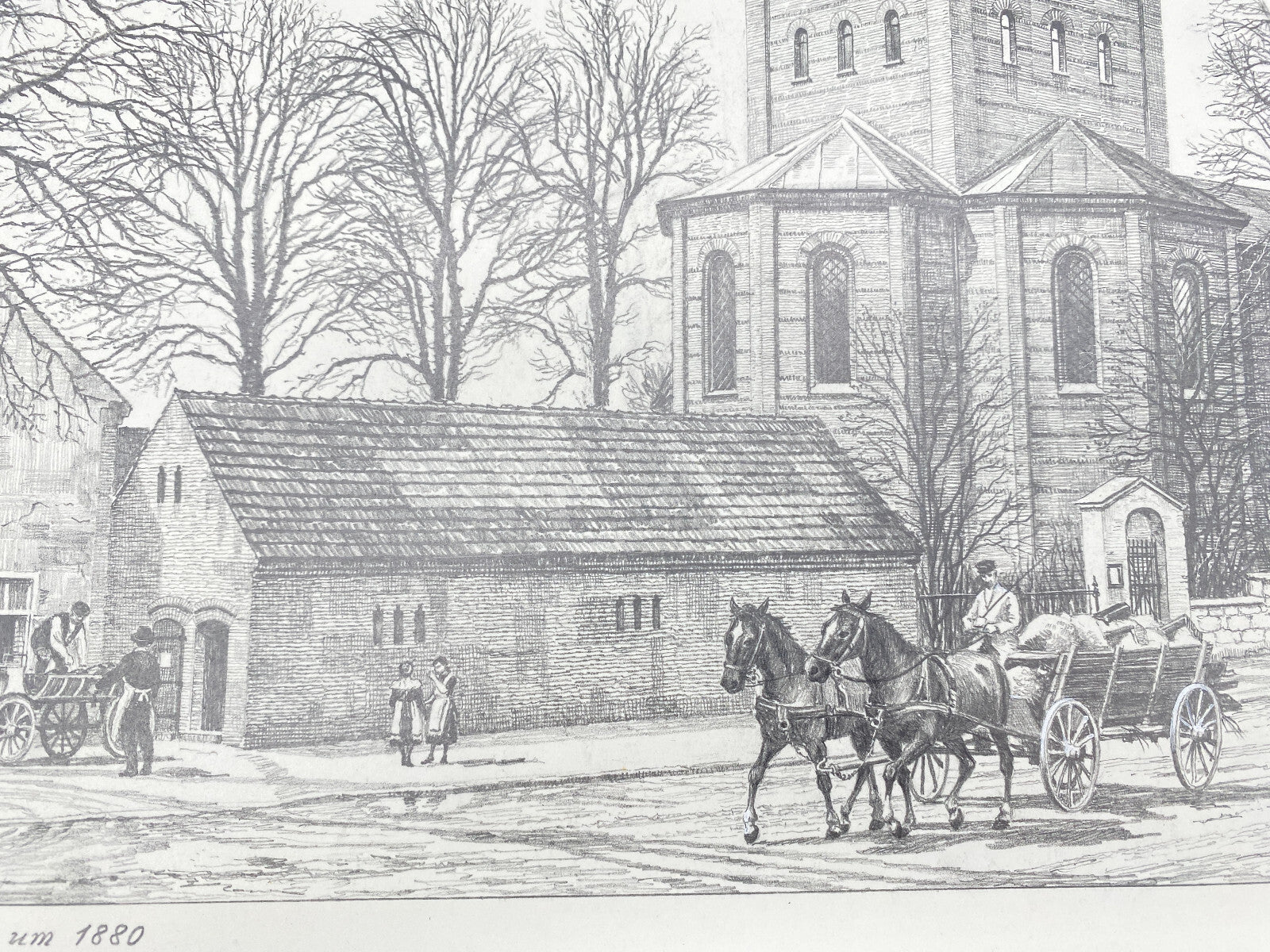 DEUTSCHER KÜNSTLER HEINZ WEHLISCH ZEICHNUNG DORFKIRCHE IN STOLPE  1880 SIGNIERT