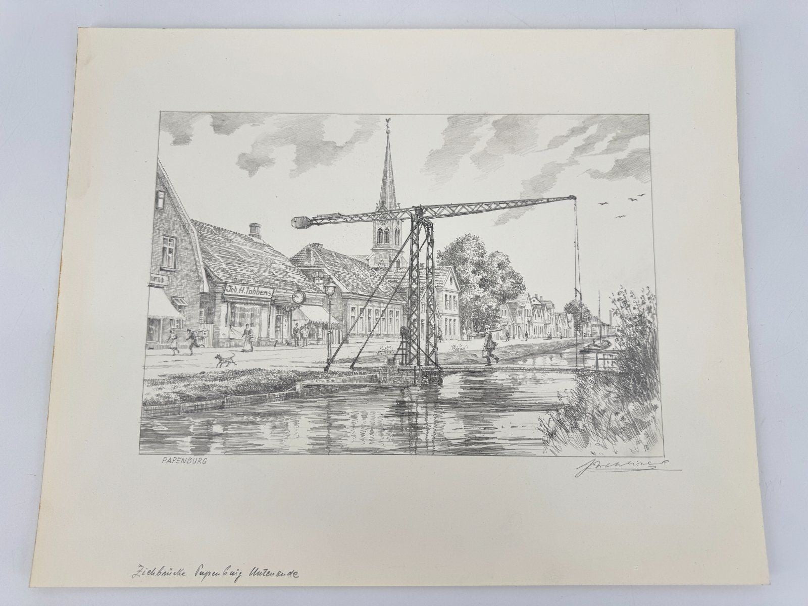 * HEINZ WEHLISCH ZEICHNUNG PAPENBURG ZUGBRÜCKE ANSICHT SIGNIERT