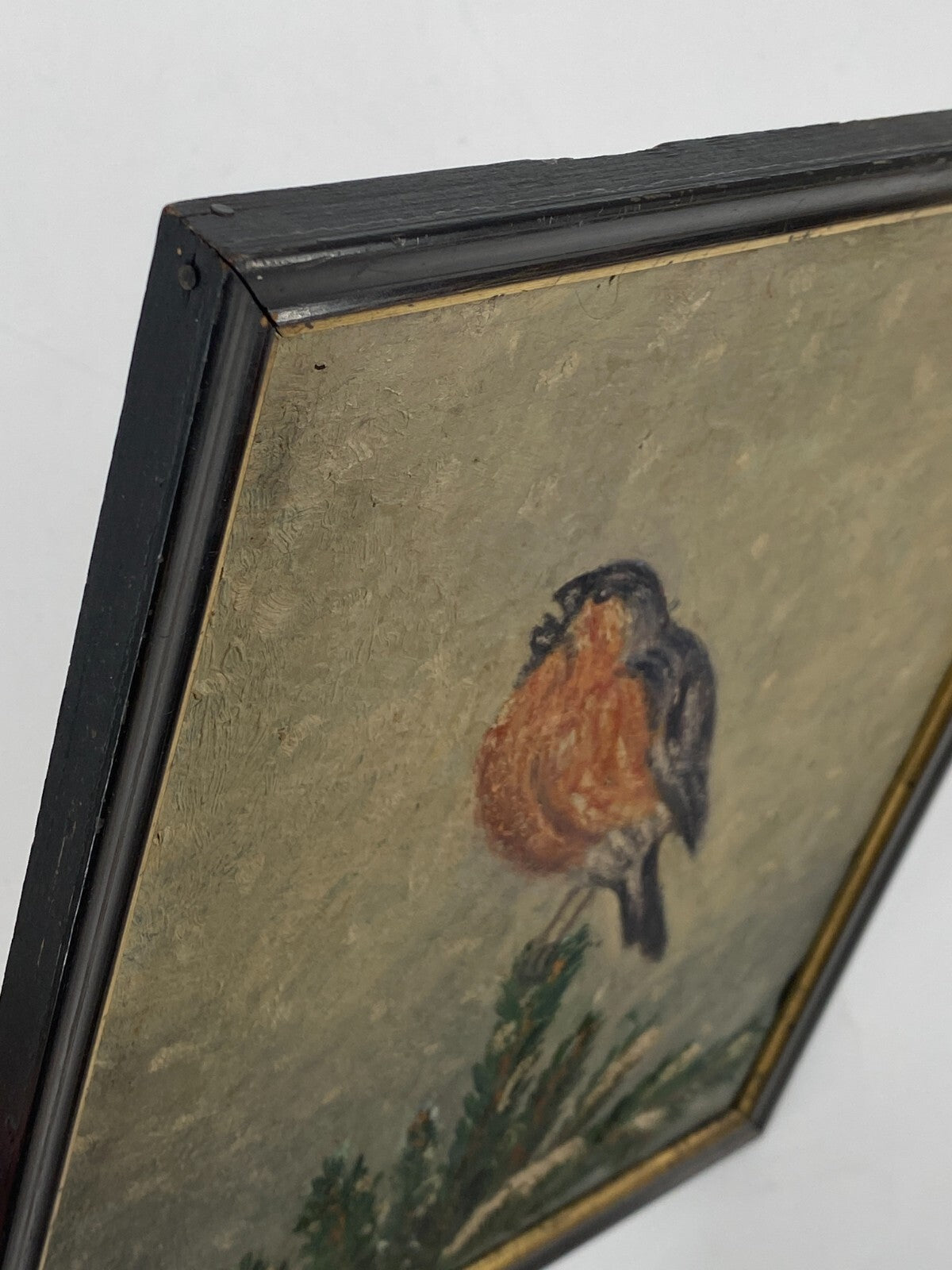 *ÖLGEMÄLDE BUCHFINK SINGVOGEL TANNENAST VOGELPORTRÄT GERAHMT NAIVE MALEREI