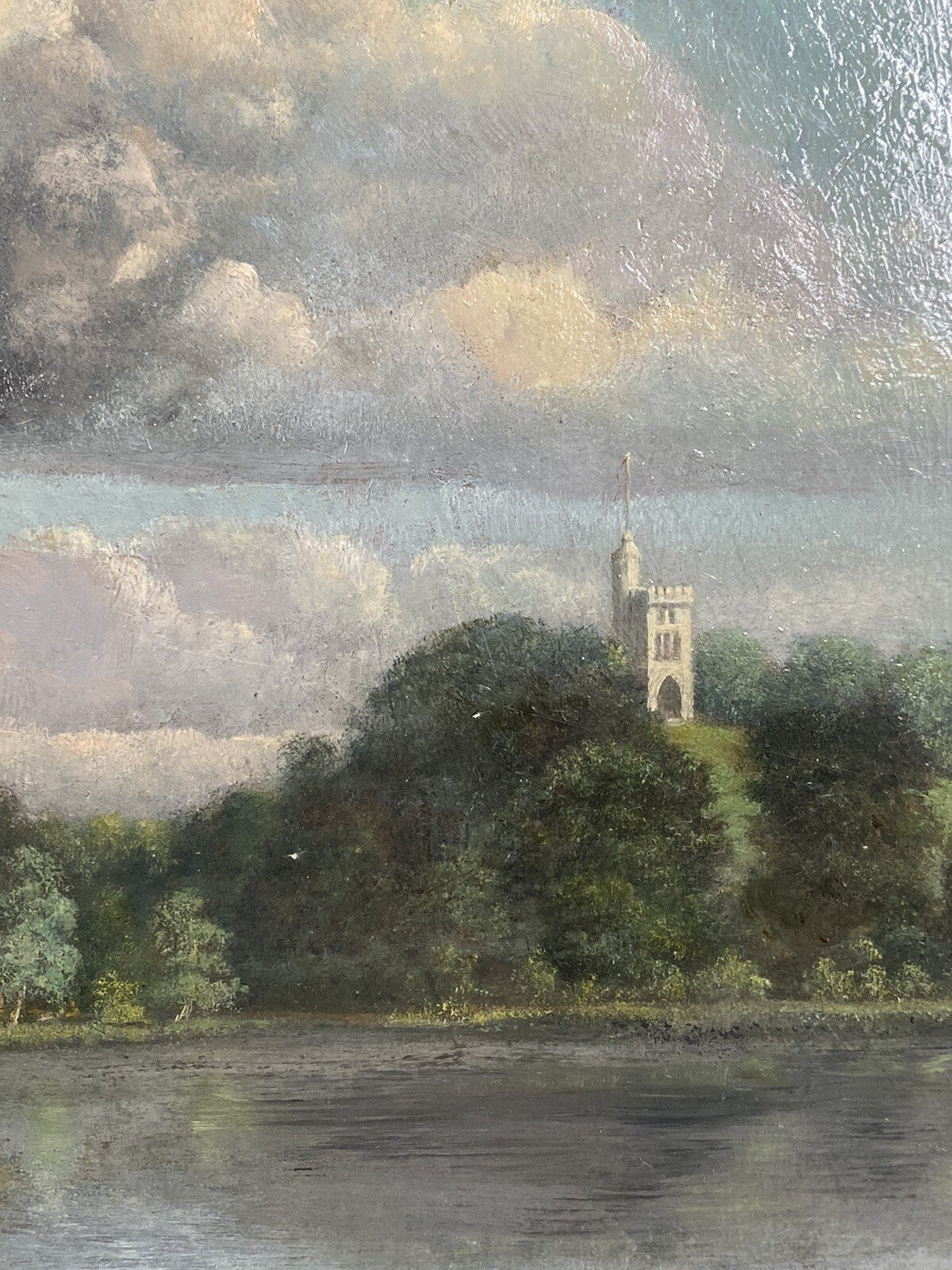 * ÖLGEMÄLDE BILD ÖL INSEL BOOT WETTER WOLKEN ANSICHT ANTIK 1909