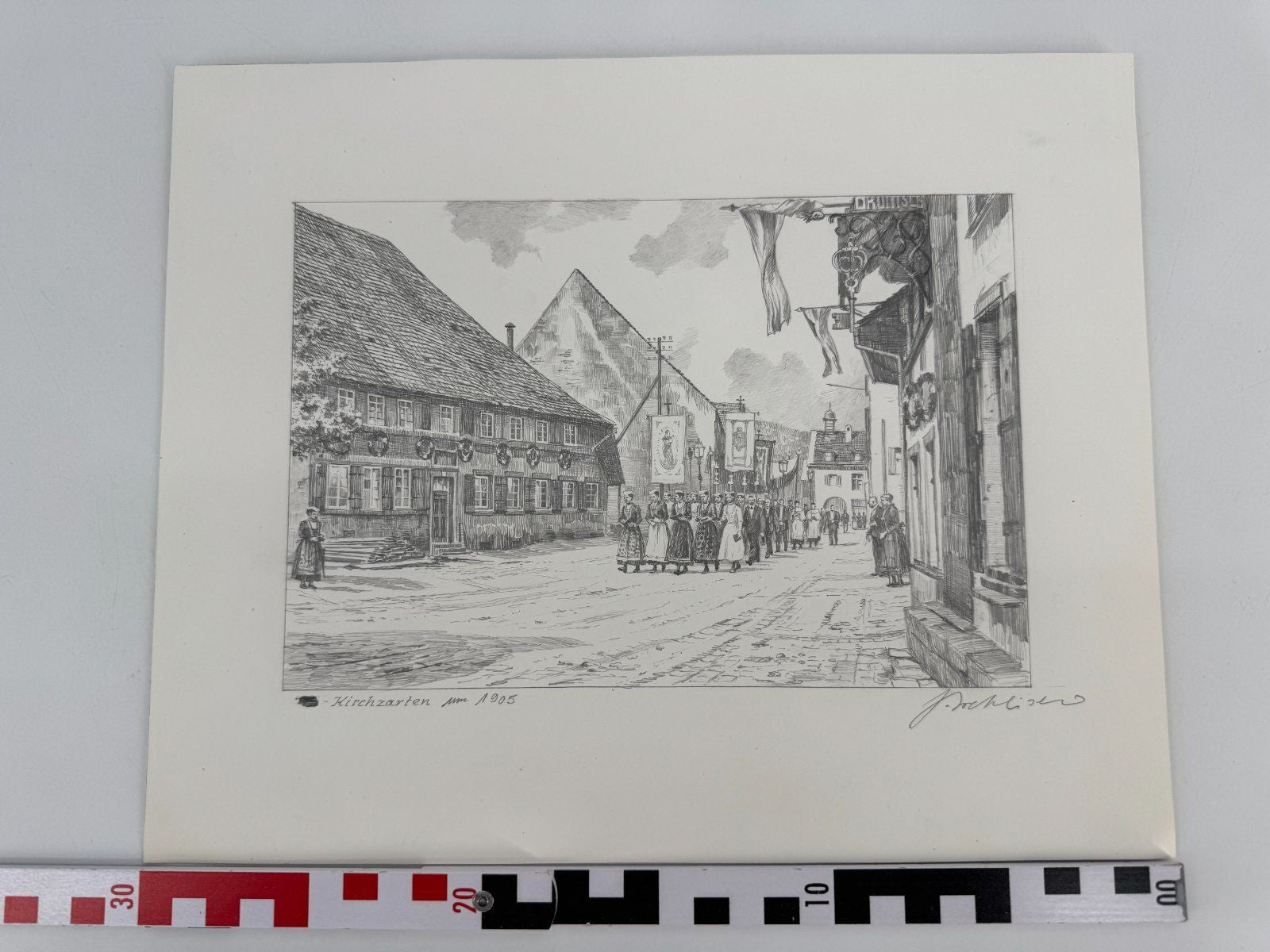 * HEINZ WEHLISCH ZEICHNUNG KIRCHZARTEN UM 1905 ANSICHT SIGNIERT