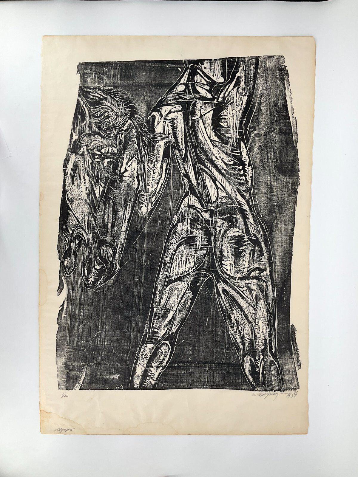 *GRAFIK HOLZSCHNITT OLYMPIA PFERD AKT ERNST WOLFHAGEN 1959 XXL