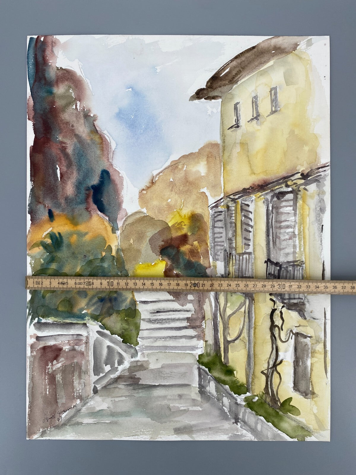 *AQUARELLGEMÄLDE LANDSCHAFT ITALIEN VILLA STEINTREPPE SIGRID HANNSE 1997 UNIKAT