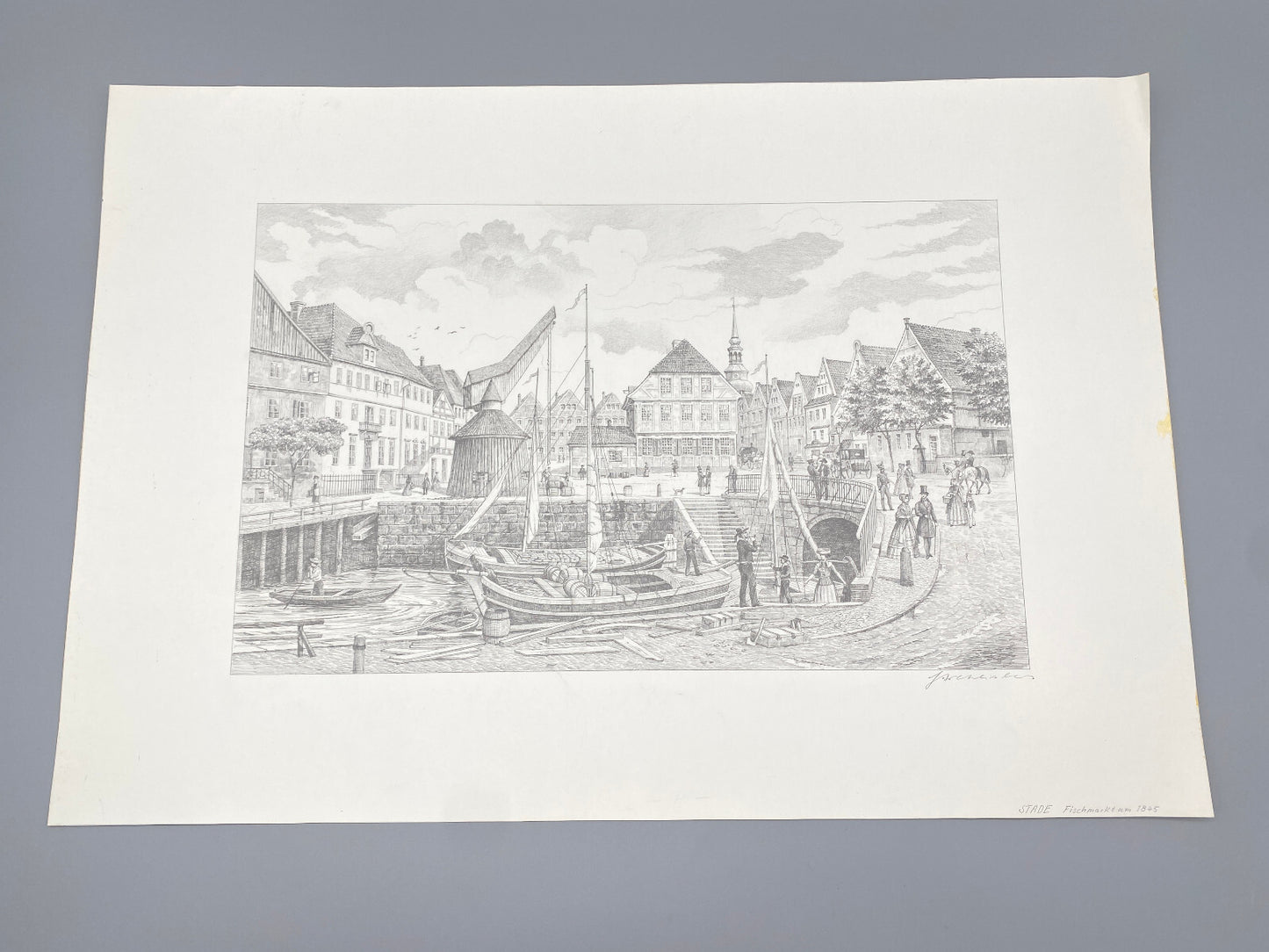 HEINZ WEHLISCH DEUTSCHER KÜNSTLER ZEICHNUNG STADE FISCHMARKT UM 1845 SIGNIERT