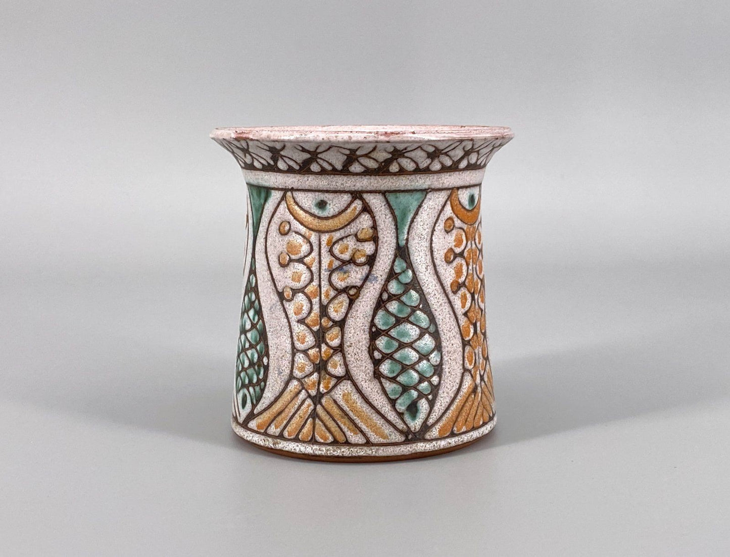 * KERAMIK VASE FISCHE GRÜN ORANGE GLASIERT HANDGETÖPFERT VINTAGE