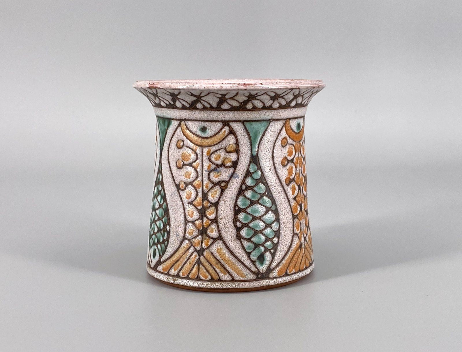 * KERAMIK VASE FISCHE GRÜN ORANGE GLASIERT HANDGETÖPFERT VINTAGE
