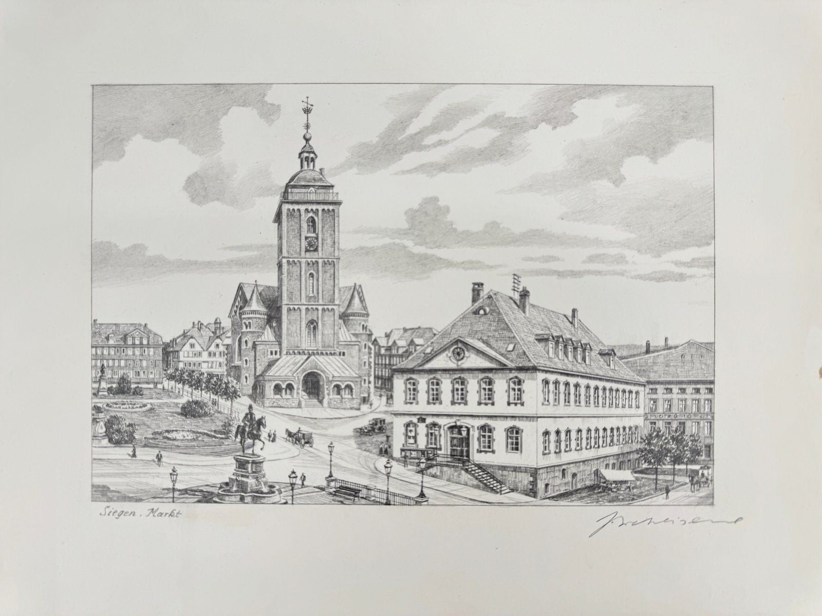 * HEINZ WEHLISCH ZEICHNUNG SIEGEN MARKT ANSICHT SIGNIERT