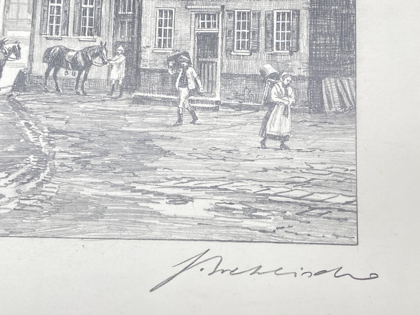 DEUTSCHER KÜNSTLER HEINZ WEHLISCH ZEICHNUNG GRÄFRATH DER MARKT UM 1840 SIGNIERT