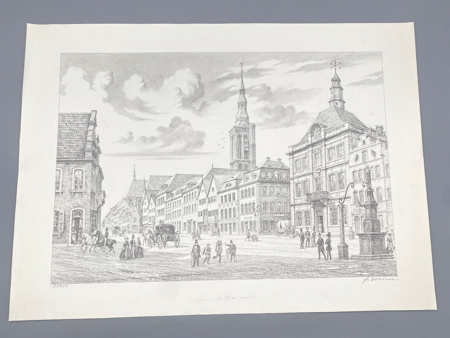 HEINZ WEHLISCH  ZEICHNUNG DÜREN MARKTPLATZ UM 1810 ORIGINAL HANDSIGNIERT