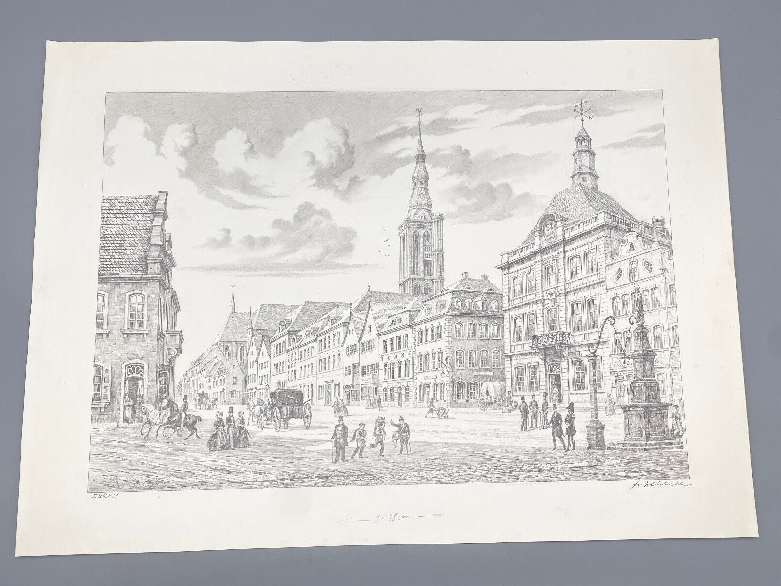 HEINZ WEHLISCH  ZEICHNUNG DÜREN MARKTPLATZ UM 1810 ORIGINAL HANDSIGNIERT
