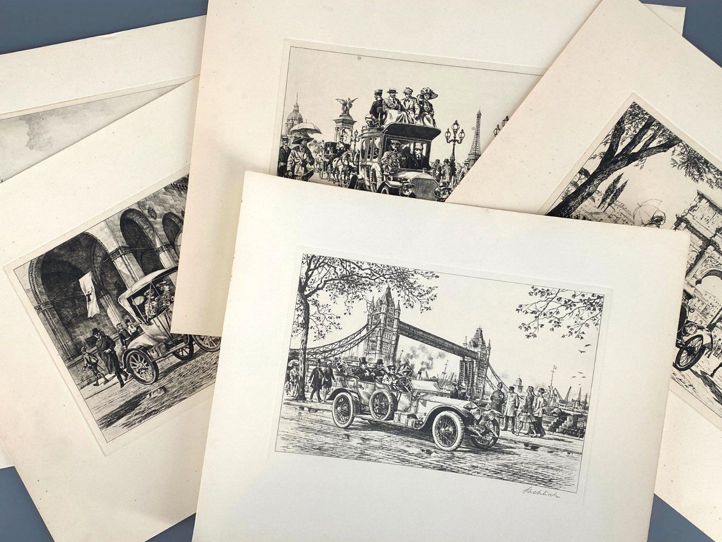 *5x GRAFIK HEINZ WEHLISCH AUTOMOBIL OLDTIMER LONDON PARIS MÜNCHEN