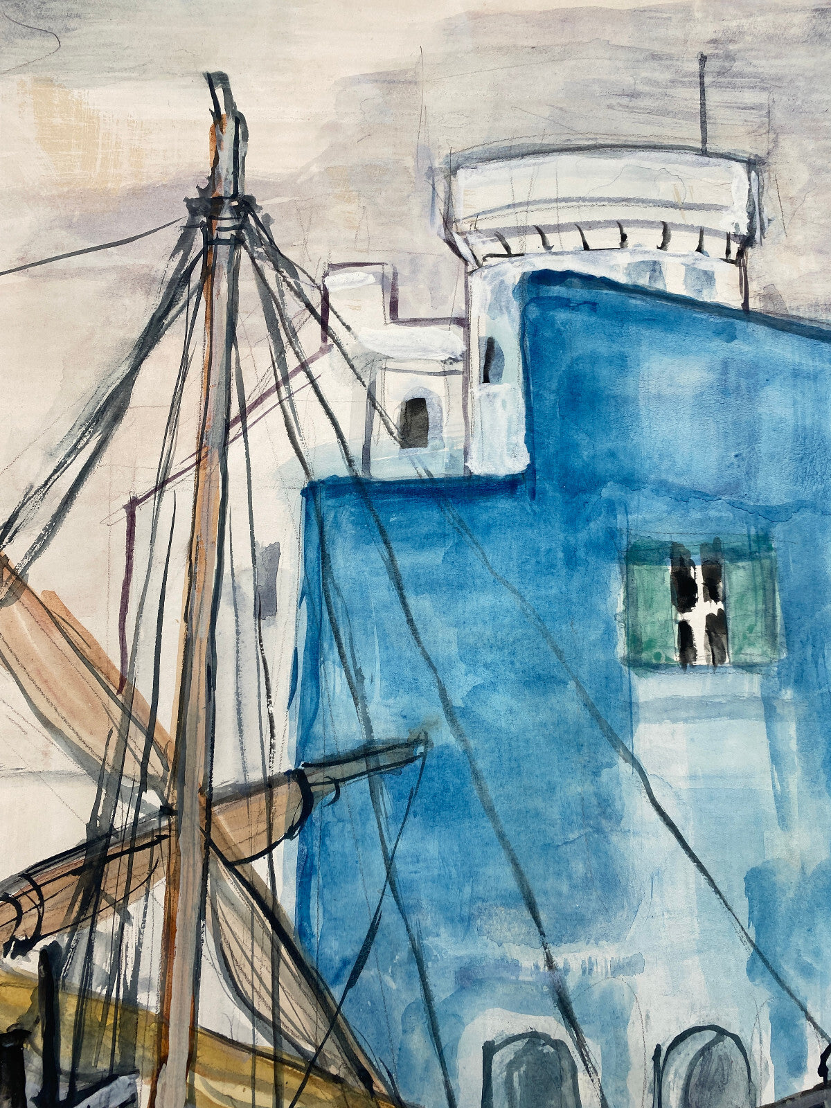 *GOUACHE AQUARELL HEINRICH HEUSER 1887-1967 HAFENANSICHT BOOTE ITALIEN 1956