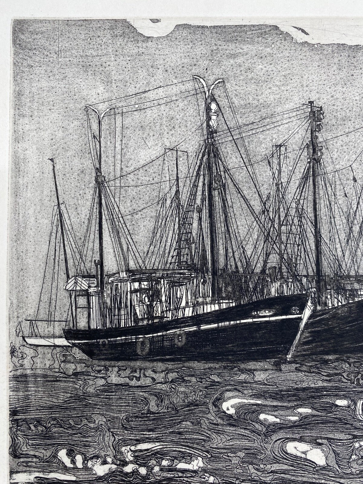 * HERBERT GRUNWALDT 1965 RADIERUNG ORIGINAL FISCHERBOOTE HAFEN SIGNIERT