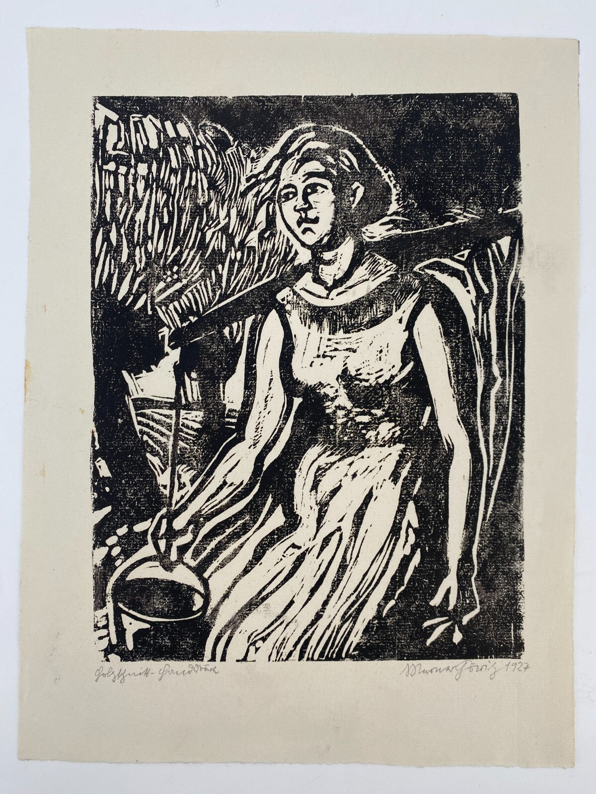 *1v2 WERNER GÖRITZ HOLZSCHNITT  SIGNIERT 1927 MÄDCHEN MIT ZIEHBRUNNEN ORIGINAL