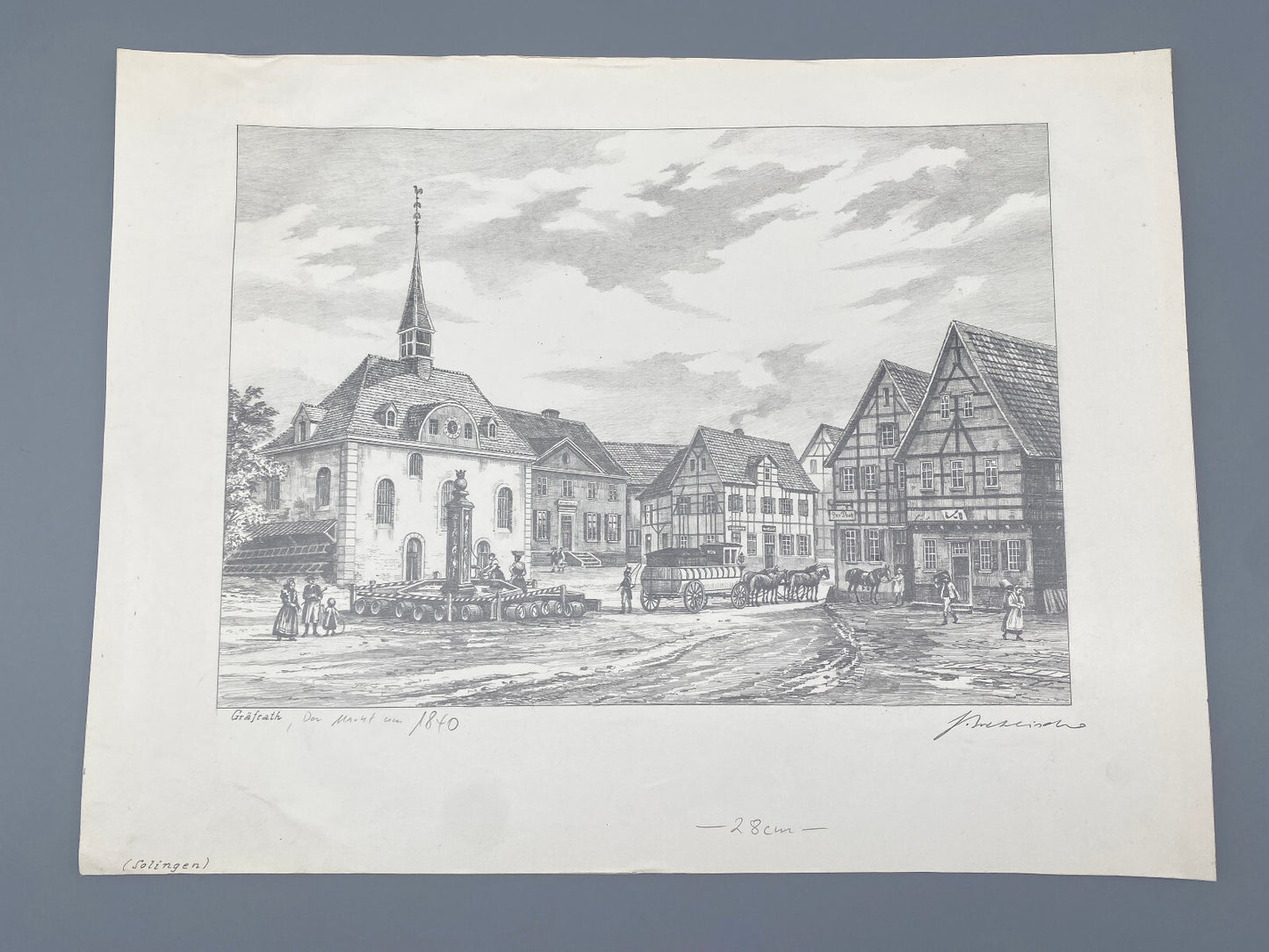 DEUTSCHER KÜNSTLER HEINZ WEHLISCH ZEICHNUNG GRÄFRATH DER MARKT UM 1840 SIGNIERT