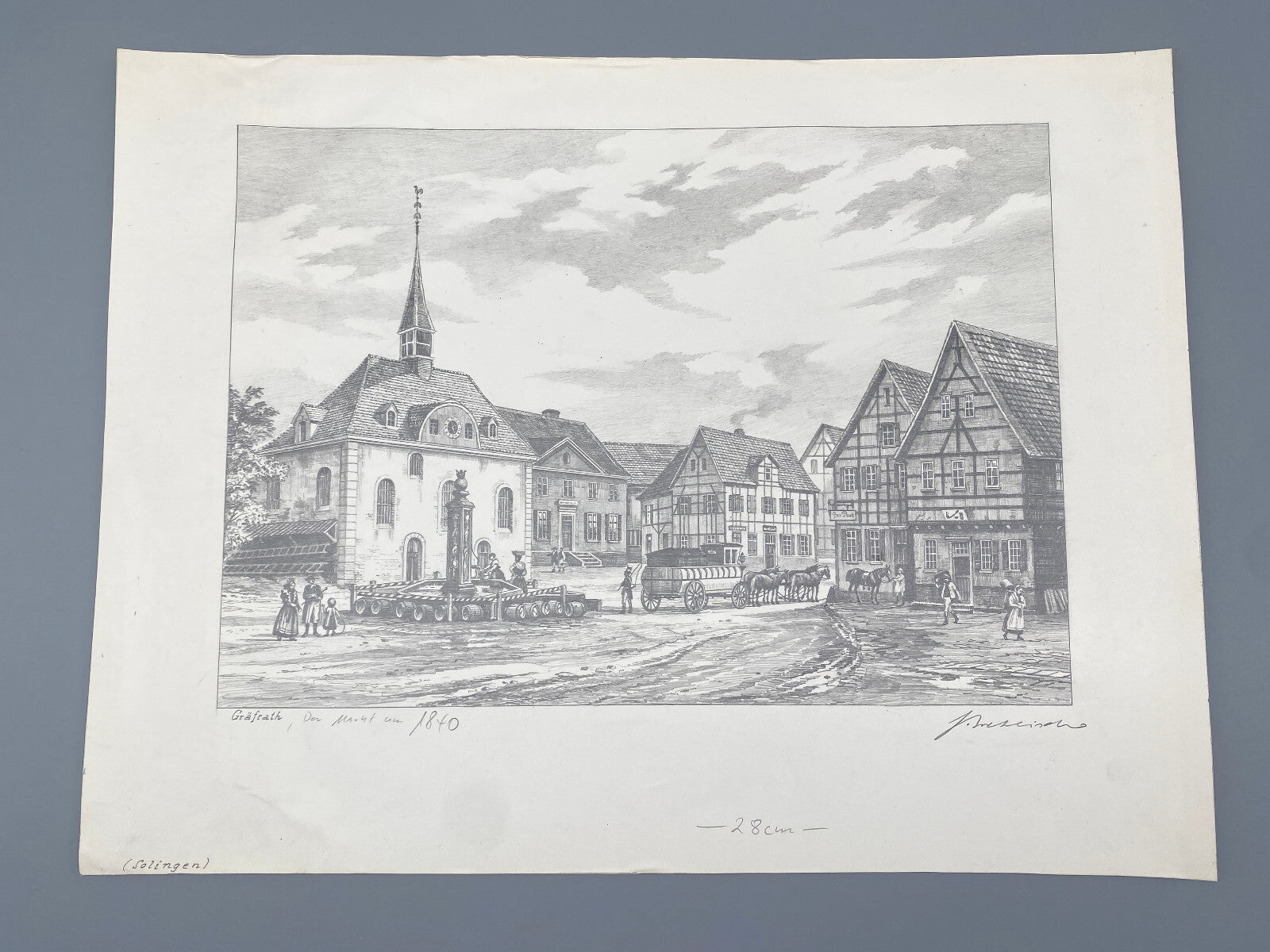 DEUTSCHER KÜNSTLER HEINZ WEHLISCH ZEICHNUNG GRÄFRATH DER MARKT UM 1840 SIGNIERT
