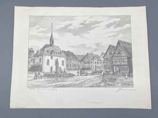 DEUTSCHER KÜNSTLER HEINZ WEHLISCH ZEICHNUNG GRÄFRATH DER MARKT UM 1840 SIGNIERT