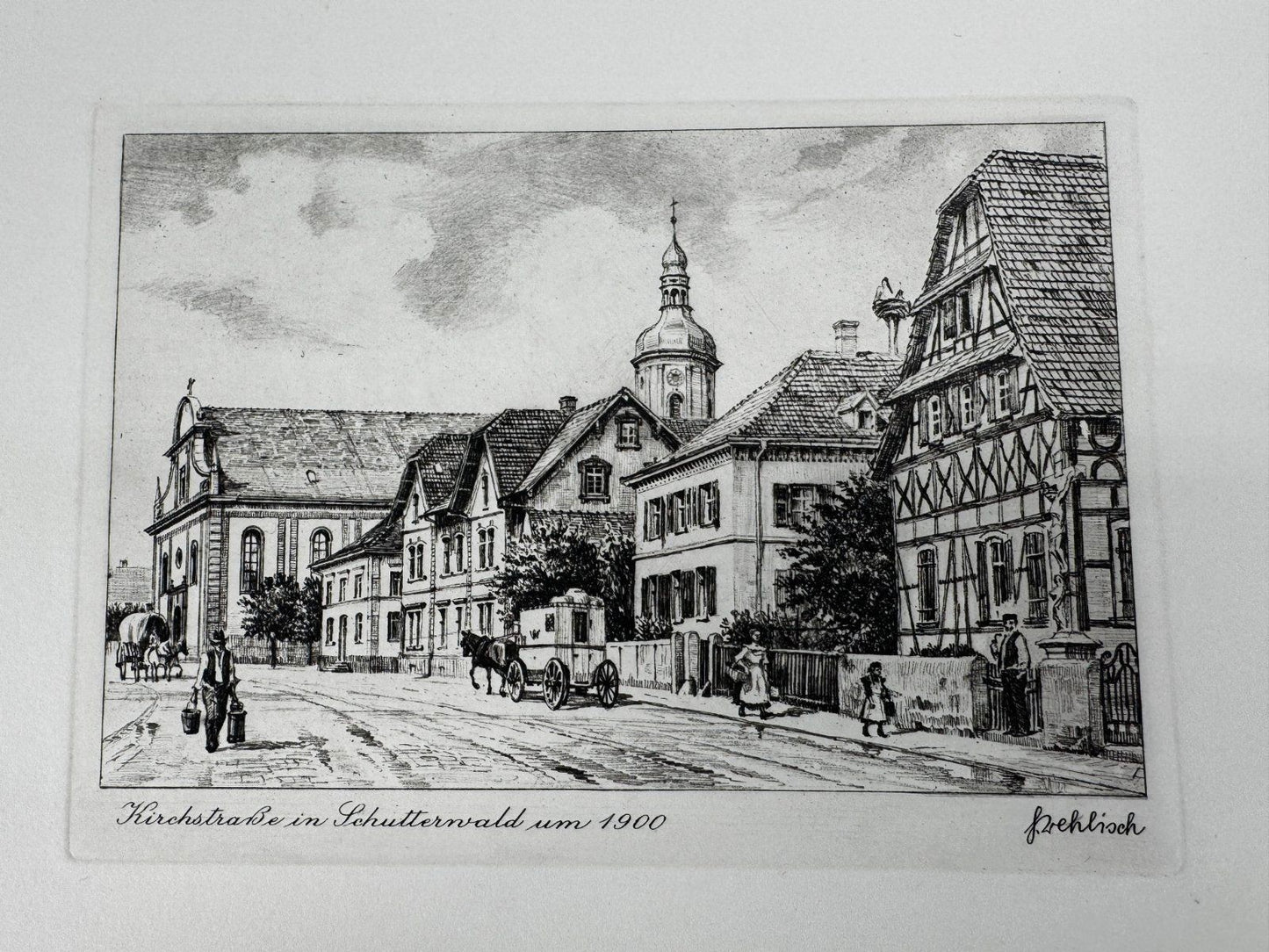 * HEINZ WEHLISCH ORIGINAL RADIERUNG KIRCHSTRAßE SCHUTTERWALD 1900