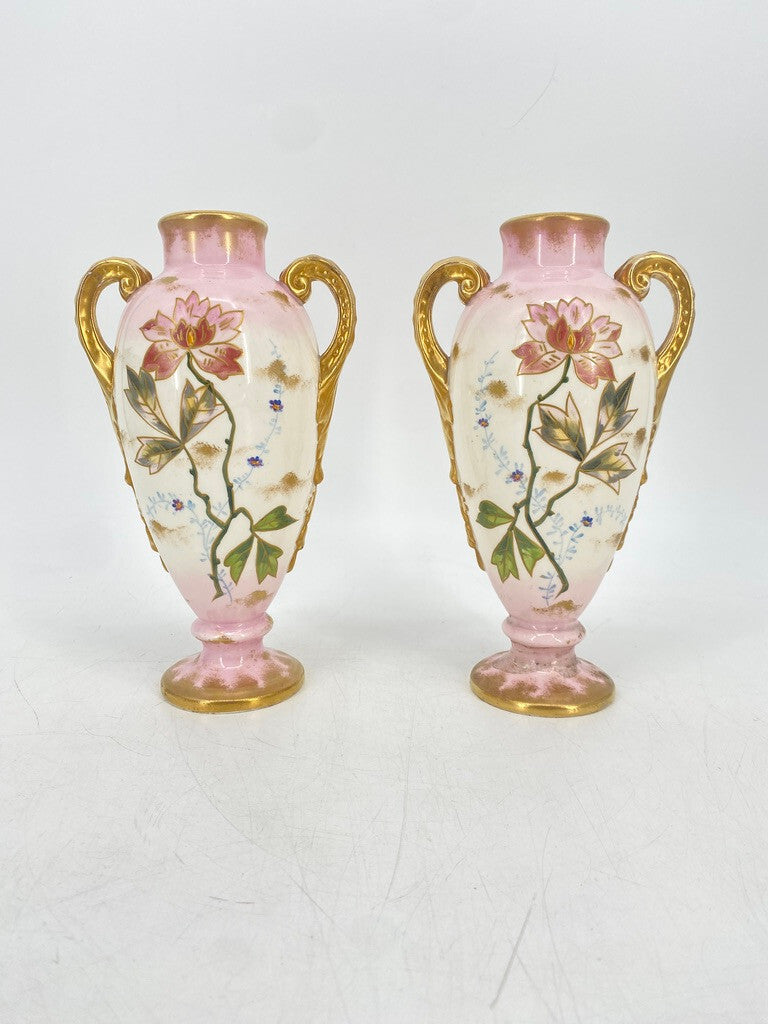 * 2 x VASE PRUNKVASE HENKELVASE BONN FRANZ ANTON MEHLEM PORZELLAN GOLD FLORAL