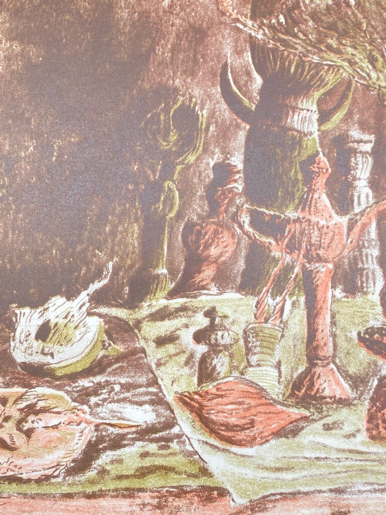 * KUNSTDRUCK ZEICHNUNG STILLEBEN ABSTRAKT VANITAS ROT GRÜN DRUCK PROBE SIGNIERT