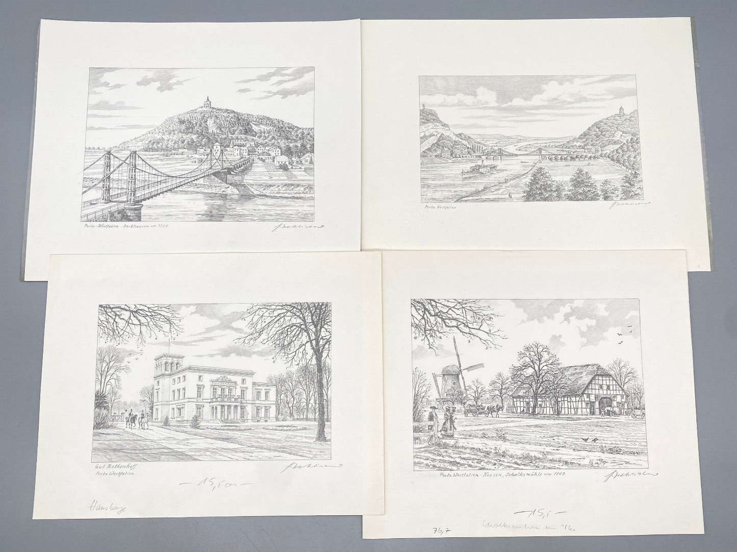 HEINZ WEHLISCH KÜNSTLER 4X ZEICHNUNGEN PORTA WESTFALICA ANSICHTEN ORIGINALE