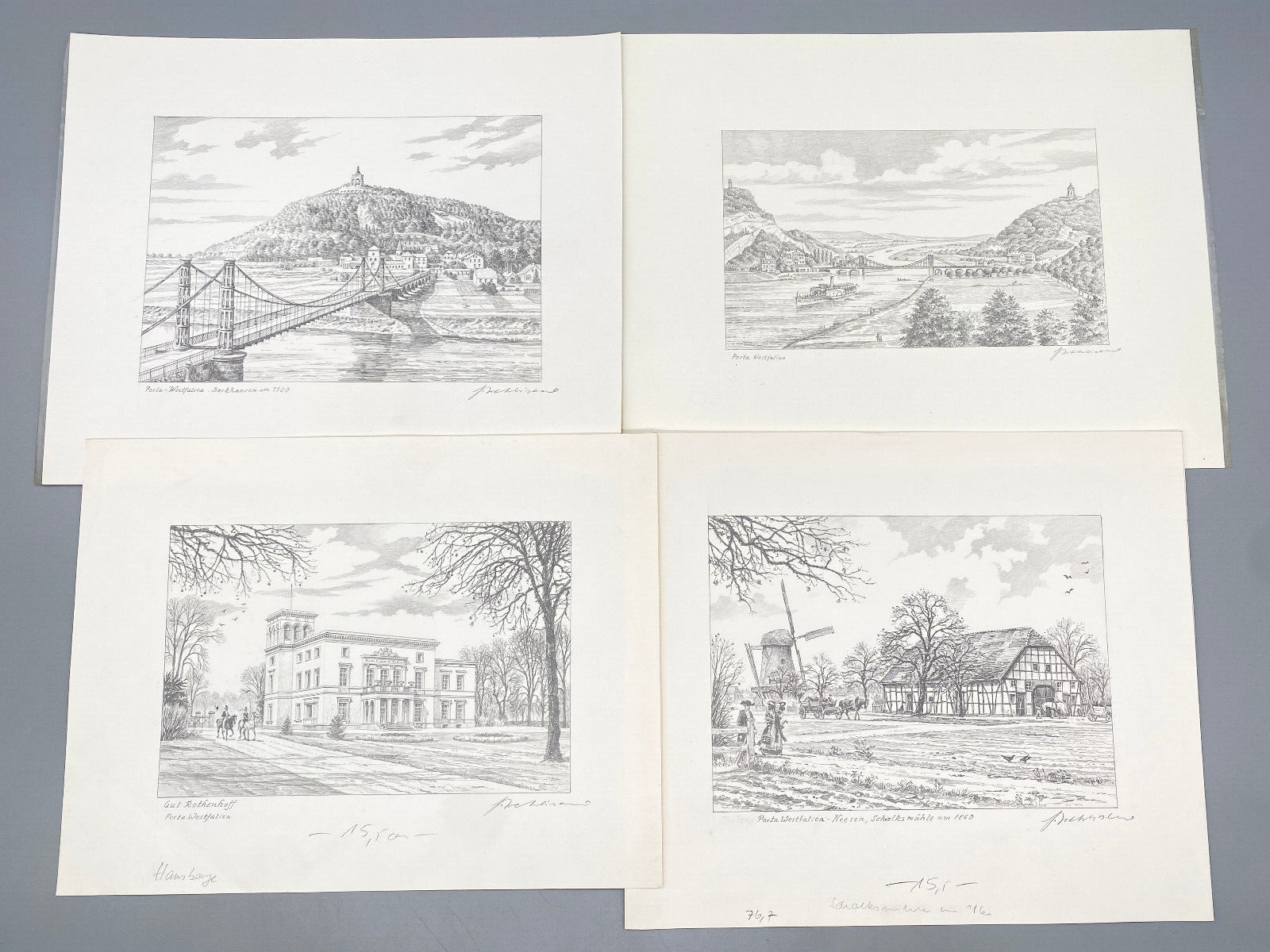 HEINZ WEHLISCH KÜNSTLER 4X ZEICHNUNGEN PORTA WESTFALICA ANSICHTEN ORIGINALE