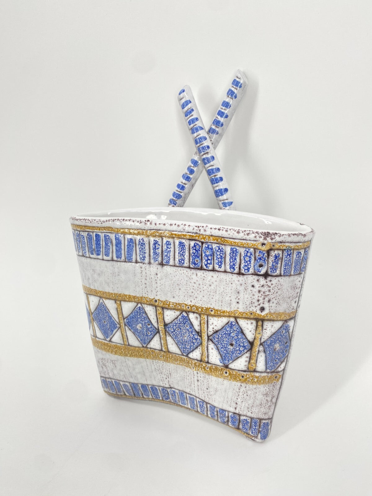 * VASE WANDVASE KERAMIK ITALY GEOMETRISCHES MUSTER WEIß BLAU VINTAGE