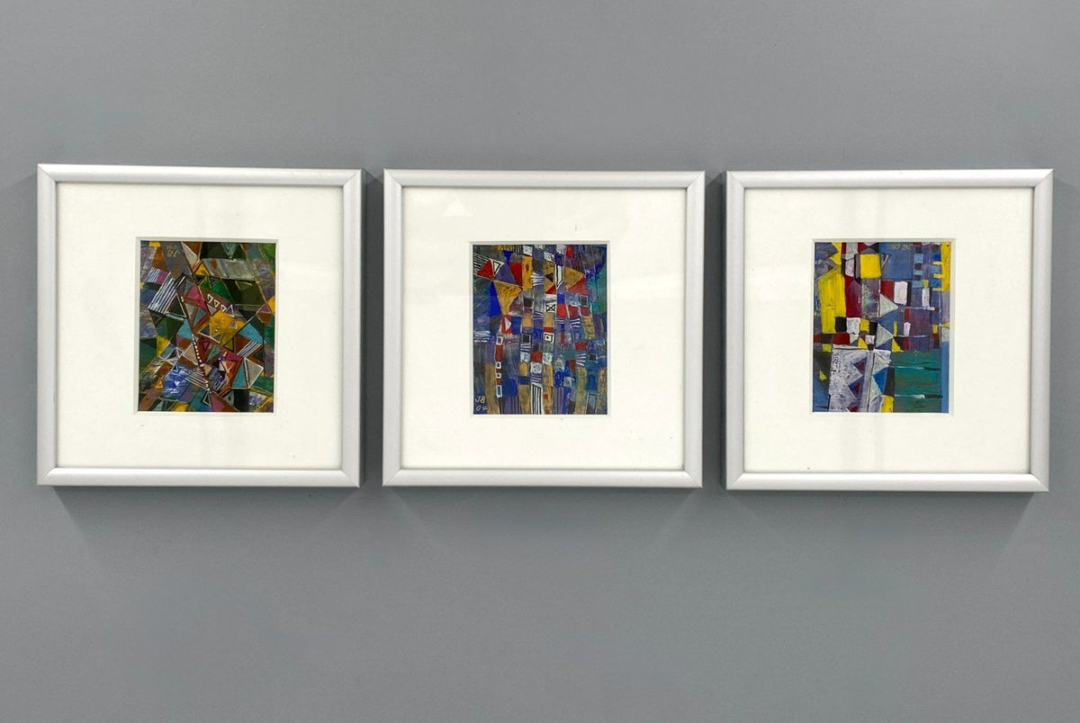 *3x ACRYLGEMÄLDE JB 2004 SIGNIERT METALLFARBEN ABSTRAKT GERAHMT