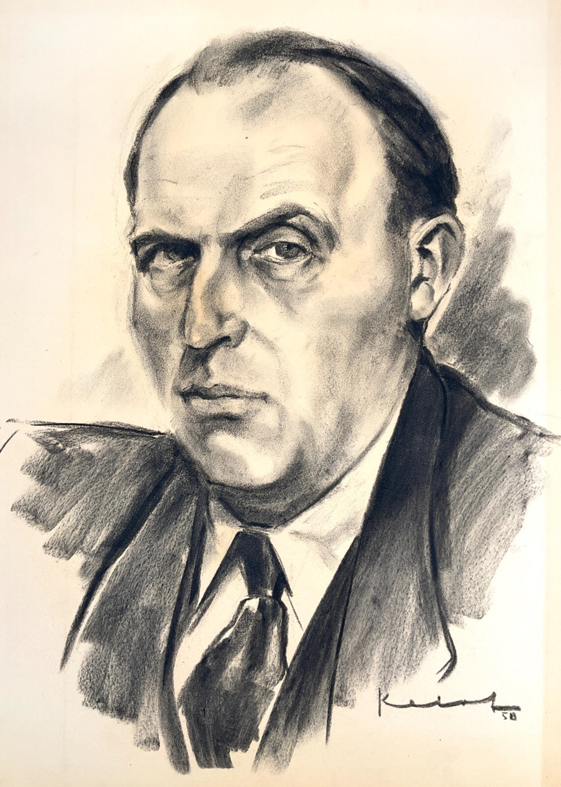*KOHLENZEICHNUNG WALTER KALOT MÄNNERPORTÄT MANN GESICHT 1950 SIGNIERT UNIKAT