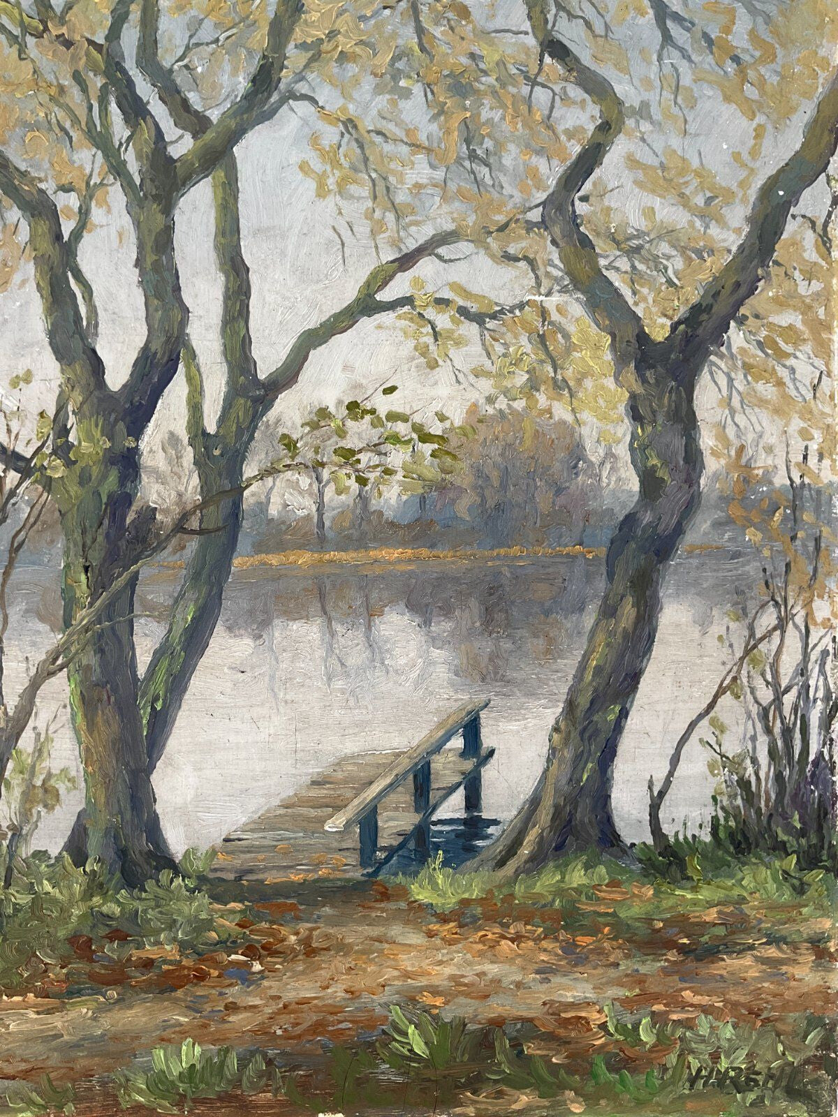 *ÖLGEMÄLDE H. REHL WALDANSICHT MIT SEE STEG FRÜHLING WIDMUNG