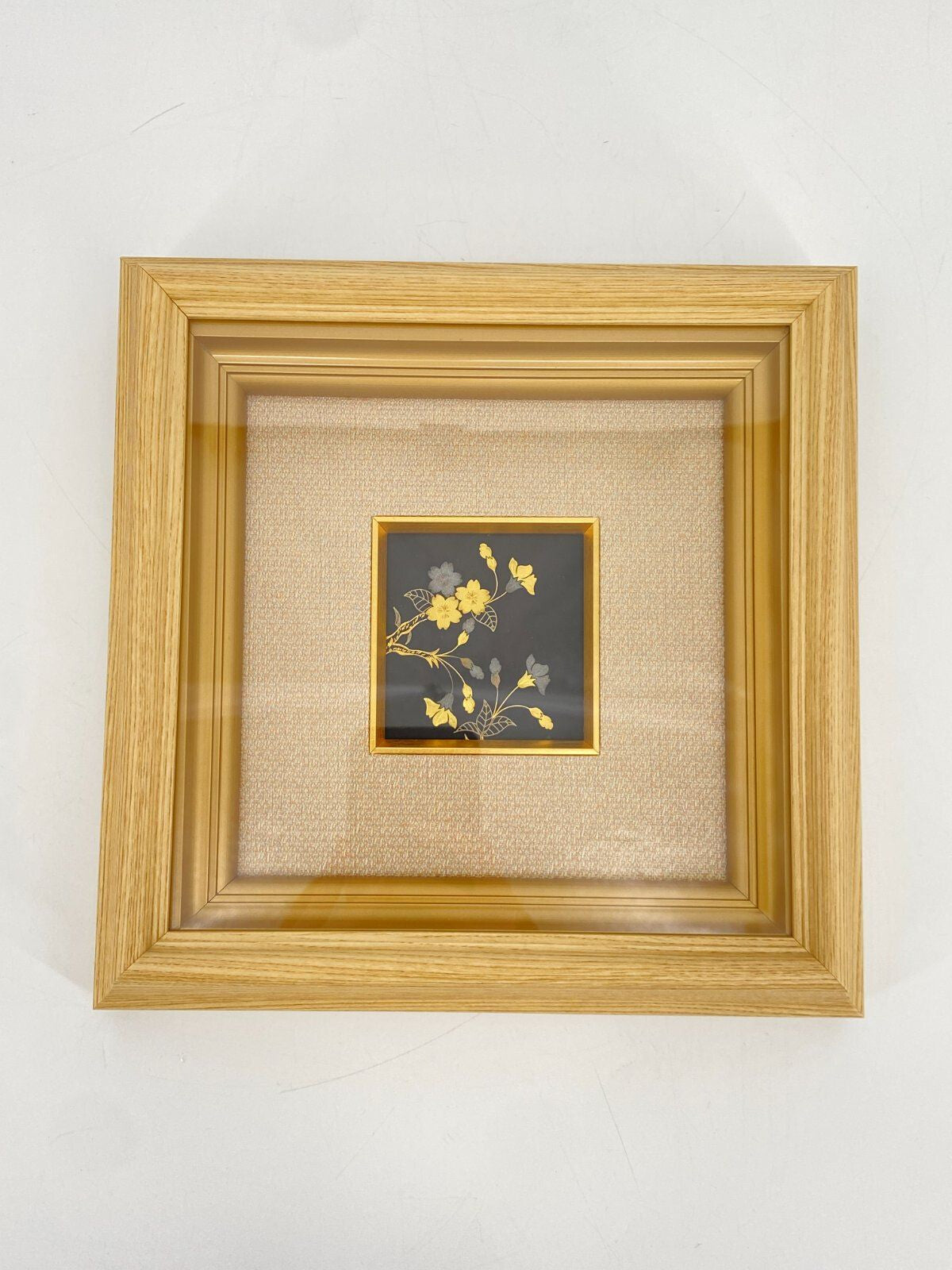 * GEMÄLDE BILD HIGO INLAY INTARSIEN DAMASK 24 KARAT GOLD BLUMEN HISO JAPAN
