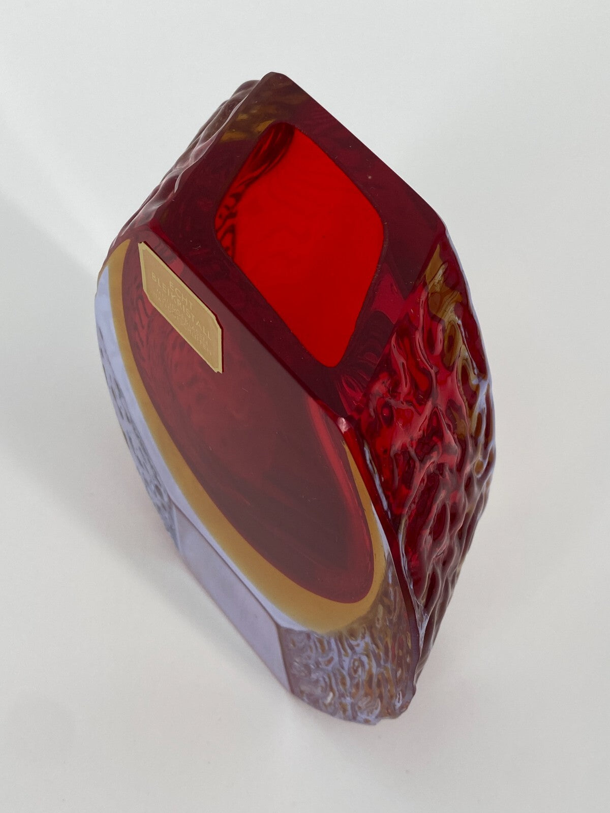 * MID CENTURY DESIGN MURANO GLAS VASE ROT GELB BLEIKRISTALL MANDRUZZATO 13CM