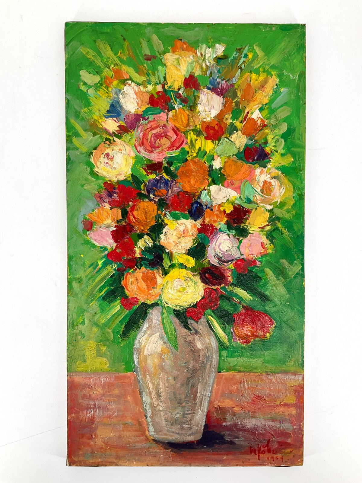 *ÖLGEMÄLDE BLUMENSTRAUß IN VASE STILLEBEN 1969 SIGNIERT MALEREI VINTAGE LEBHAFT