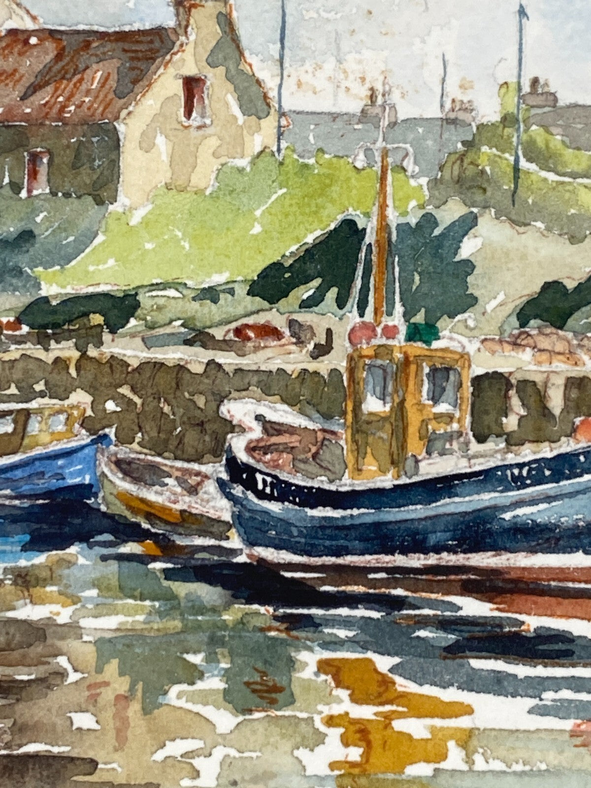 * GEMÄLDE HAFEN AQUARELL R. M. LAMING SIGNIERT FISCHER BOOTE MEER VINTAGE
