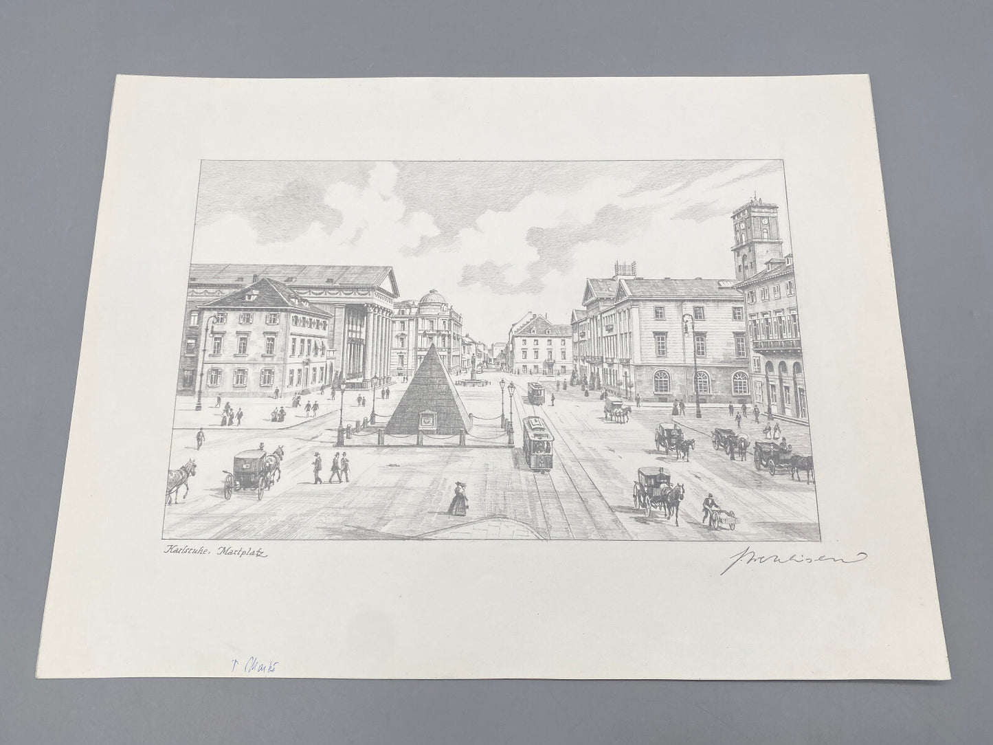 HEINZ WEHLISCH DEUTSCHER KÜNSTLER ZEICHNUNG MARKTPLATZ KARLSRUHE HANDSIGNIERT