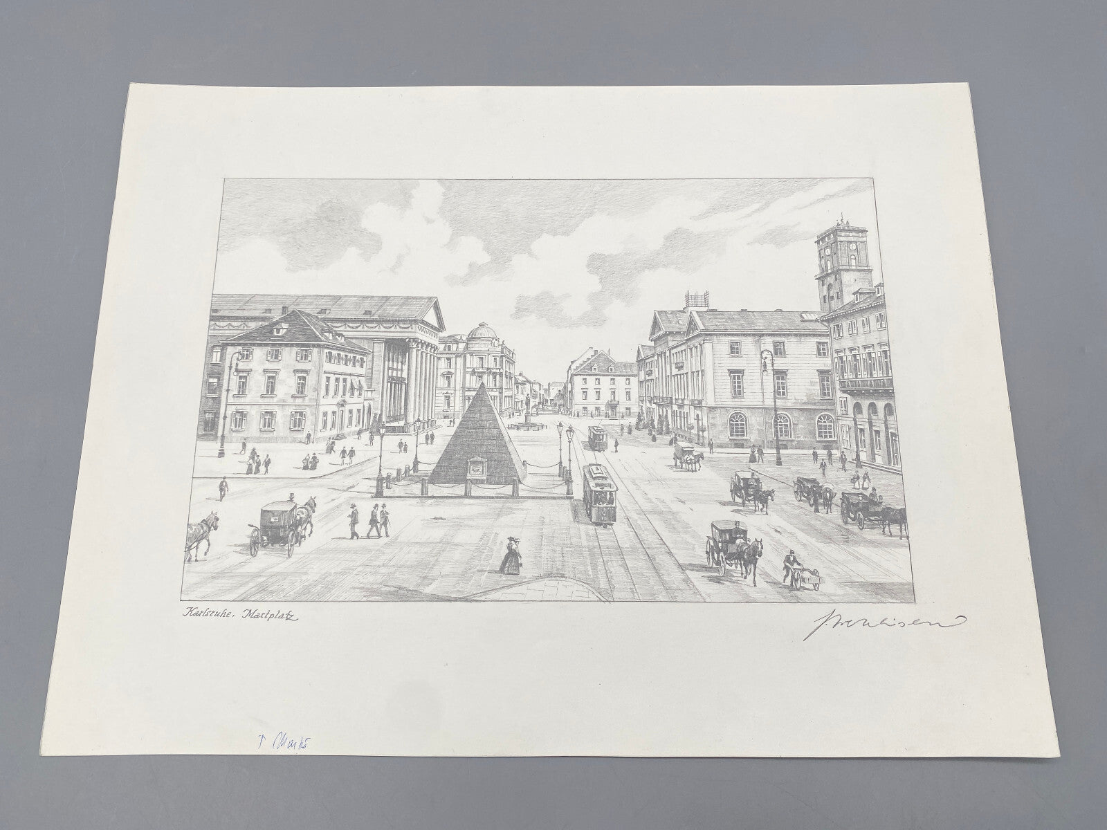 HEINZ WEHLISCH DEUTSCHER KÜNSTLER ZEICHNUNG MARKTPLATZ KARLSRUHE HANDSIGNIERT