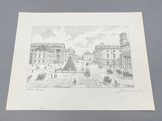 HEINZ WEHLISCH DEUTSCHER KÜNSTLER ZEICHNUNG MARKTPLATZ KARLSRUHE HANDSIGNIERT
