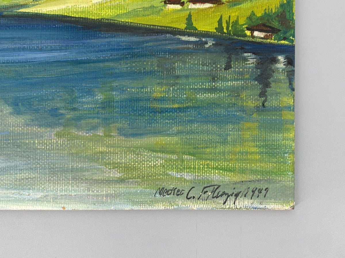 *ÖLGEMÄLDE BERGLANDSCHAFT SEE 1949 SIGNIERT FARBFROH PAPPE