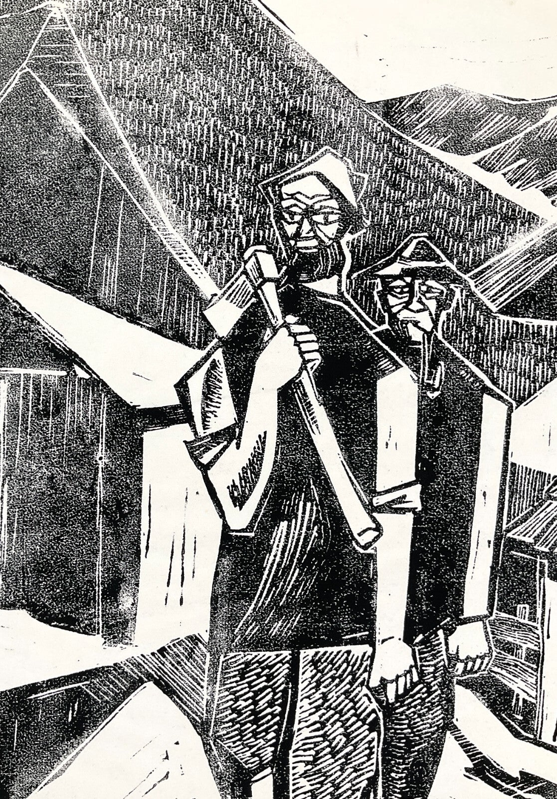 *LINOLSCHNITT WALTER KALOT HOLZKNECHTE 1967 ORIGINAL EXPRESSIONISMUS HOLZFÄLLER