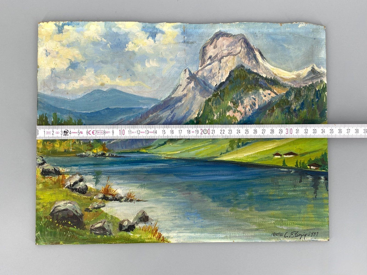 *ÖLGEMÄLDE BERGLANDSCHAFT SEE 1949 SIGNIERT FARBFROH PAPPE