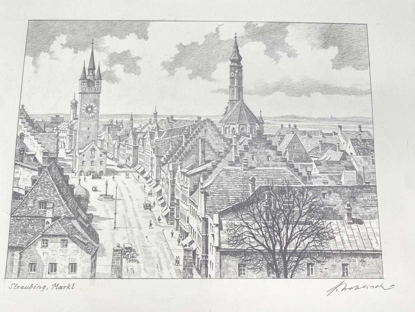 DEUTSCHER KÜNSTLER HEINZ WEHLISCH ZEICHNUNG STRAUBING MARKT HANDSIGNIERT