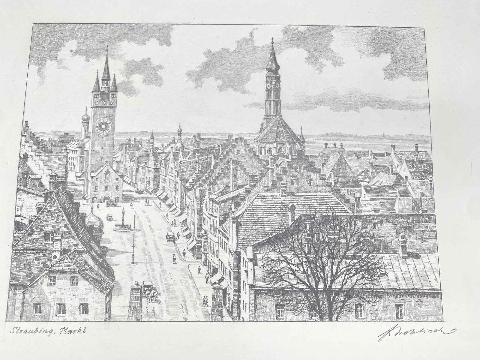 DEUTSCHER KÜNSTLER HEINZ WEHLISCH ZEICHNUNG STRAUBING MARKT HANDSIGNIERT