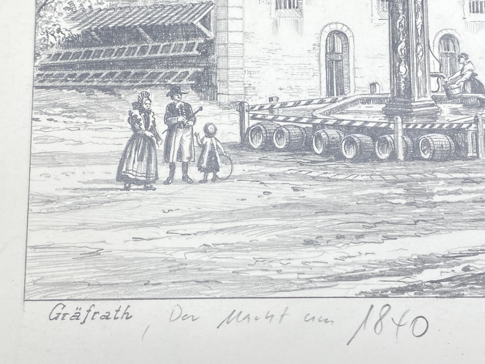 DEUTSCHER KÜNSTLER HEINZ WEHLISCH ZEICHNUNG GRÄFRATH DER MARKT UM 1840 SIGNIERT